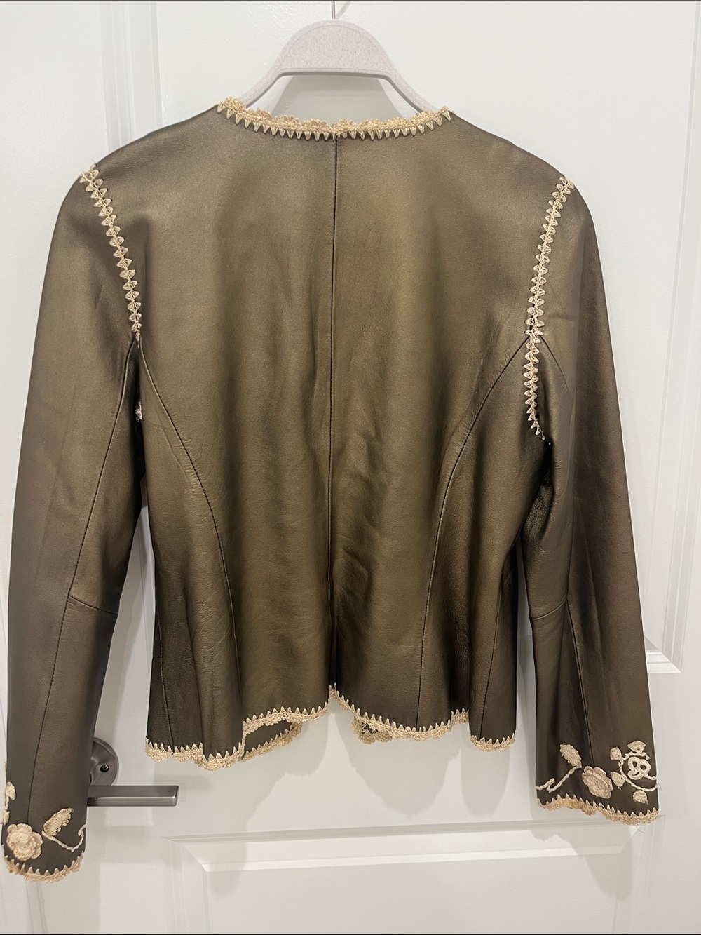 Oscar de la Renta Leather Jacket with Cream Embroidery-Olive Green-Gold Accents - Picture 8 of 8